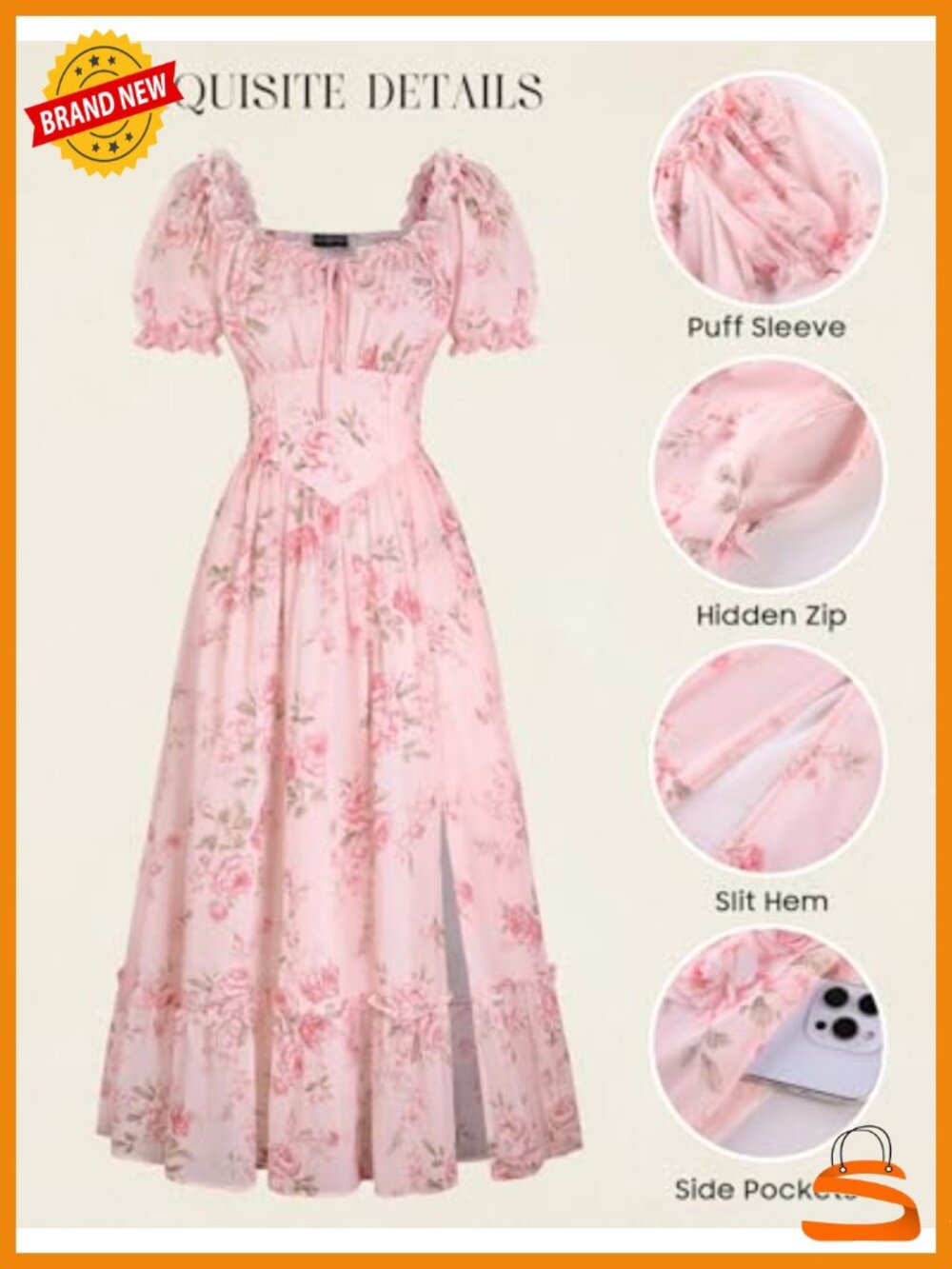 Floral Corset Dress Flowy A-line Midi Puff Sleeve Square Neck Side Pockets - Picture 4 of 6